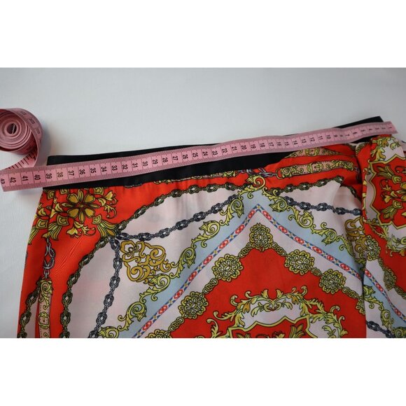 Forever 21 Women's orange/Gold Chain Print Mini Skirt Size L‎ Polyester Back Zip - Picture 8 of 12